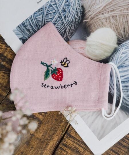 Bee with Strawberry Handmade Embroidery Linen FaceMask