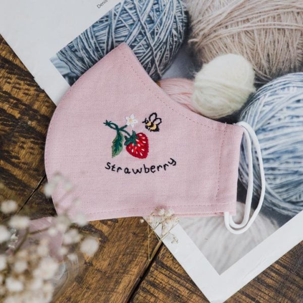 Bee with Strawberry Handmade Embroidery Linen FaceMask