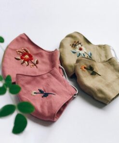 Floral Hand Embroidery Natural Linen Face Mask, Set 2pcs