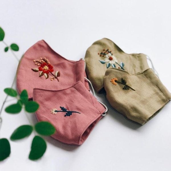 Floral Hand Embroidery Natural Linen Face Mask, Set 2pcs