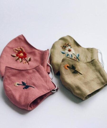 Floral Hand Embroidery Natural Linen Face Mask, Set 2pcs