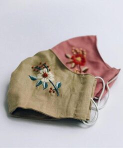 Floral Hand Embroidery Natural Linen Face Mask, Set 2pcs