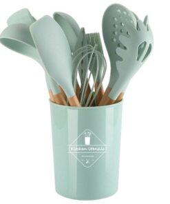 12pcs Wooden Handle Silicone Kitchenware Set Cooking Shovel Spoon Bucket Rack Tools