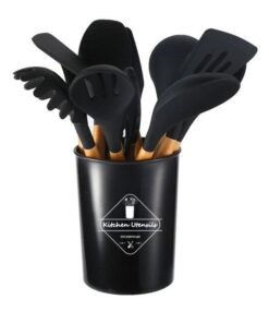 12pcs Wooden Handle Silicone Kitchenware Set Cooking Shovel Spoon Bucket Rack Tools