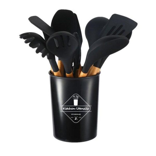 12pcs Wooden Handle Silicone Kitchenware Set Cooking Shovel Spoon Bucket Rack Tools