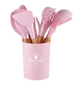 12pcs Wooden Handle Silicone Kitchenware Set Cooking Shovel Spoon Bucket Rack Tools