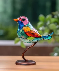 Stained Glass Birds on Branch Desktop Ornaments